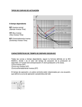 TIPOS DE CURVAS DE ACTUACIÓN
CARACTERÍSTICAS DE TIEMPO DE DISPARO SEGÚN IEC
Todas las curvas a tiempo dependiente, siguen la formula definida en la IEC
60255-3, donde t es el valor del tiempo de actuación de la protección en
segundos, en función de la temporización (T) de la protección a I/Is veces.
Curva Inversa (SIT)
Curva muy inversa (VIT)
Curva extremadamente inversa (EIT)
El tiempo de operación y la sobre corriente están relacionados por una ecuación,
que define la curva de operación característica del relé:
A tiempo dependiente
SIT: Inversa normal
(Standar Inverse Time)
VIT: Muy inversa
(Very Inverse Time)
EIT: Extremadamente inversa
(Extremely Inverse Time)
 