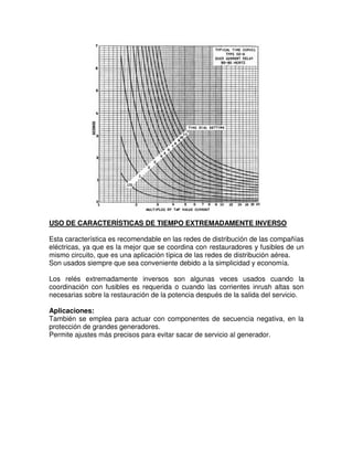 USO DE CARACTERÍSTICAS DE TIEMPO EXTREMADAMENTE INVERSO
Esta característica es recomendable en las redes de distribución de las compañías
eléctricas, ya que es la mejor que se coordina con restauradores y fusibles de un
mismo circuito, que es una aplicación típica de las redes de distribución aérea.
Son usados siempre que sea conveniente debido a la simplicidad y economía.
Los relés extremadamente inversos son algunas veces usados cuando la
coordinación con fusibles es requerida o cuando las corrientes inrush altas son
necesarias sobre la restauración de la potencia después de la salida del servicio.
Aplicaciones:
También se emplea para actuar con componentes de secuencia negativa, en la
protección de grandes generadores.
Permite ajustes más precisos para evitar sacar de servicio al generador.
 
