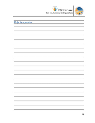 Slideshare
Por: Sra. Verenice Rodríguez Ruiz 
 
14
Hoja de apuntes
___________________________________________________________________________
___________________________________________________________________________
___________________________________________________________________________
___________________________________________________________________________
___________________________________________________________________________
___________________________________________________________________________
___________________________________________________________________________
___________________________________________________________________________
___________________________________________________________________________
___________________________________________________________________________
___________________________________________________________________________
___________________________________________________________________________
___________________________________________________________________________
___________________________________________________________________________
___________________________________________________________________________
___________________________________________________________________________
___________________________________________________________________________
___________________________________________________________________________
___________________________________________________________________________
___________________________________________________________________________
 
