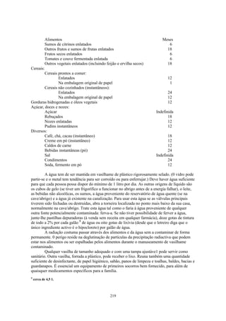 Alimentos                                                           Meses
            Sumos de citrinos enlatados                                            6
            Outros frutos e sumos de frutas enlatados                             18
            Frutos secos enlatados                                                 6
            Tomates e couve fermentada enlatada                                    6
            Outros vegetais enlatados (incluindo feijão e ervilha secos)          18
Cereais:
        Cereais prontos a comer:
                Enlatados                                                          12
                Na embalagem original de papel                                      1
        Cereais não cozinhados (instantâneos):
                Enlatados                                                          24
                Na embalagem original de papel                                     12
Gorduras hidrogenadas e óleos vegetais                                             12
Açúcar, doces e nozes:
        Açúcar                                                              Indefinida
        Rebuçados                                                                  18
        Nozes enlatadas                                                            12
        Pudins instantâneos                                                        12
Diversos:
        Café, chá, cacau (instantâneo)                                             18
        Creme em pó (instantâneo)                                                  12
        Caldos de carne                                                            12
        Bebidas instantâneas (pó)                                                  24
        Sal                                                                 Indefinida
        Condimentos                                                                24
        Soda, fermento em pó                                                       12

         A água tem de ser mantida em vasilhame de plástico rigorosamente selado. (0 vidro pode
partir-se e o metal tem tendência para ser corroído ou para enferrujar.) Deve haver água suficiente
para que cada pessoa possa dispor do mínimo de 1 litro por dia. As outras origens de líquido são
os cubos de gelo (se tiver um frigorífico a funcionar no abrigo antes de a energia falhar), o leite,
as bebidas não alcoólicas, os sumos, a água proveniente do reservatório de água quente (se na
cave/abrigo) e a água já existente na canalização. Para usar esta água se as válvulas principais
tiverem sido fechadas ou destruídas, abra a torneira localizada no ponto mais baixo da sua casa,
normalmente na cave/abrigo. Trate esta água tal como o faria à água proveniente de qualquer
outra fonte potencialmente contaminada: ferva-a. Se não tiver possibilidade de ferver a água,
junte-lhe pastilhas depuradoras (à venda sem receita em qualquer farmácia), doze gotas de tintura
de iodo a 2% por cada galão 5 de água ou oito gotas de lixívia (desde que o letreiro diga que o
único ingrediente activo é o hipocloreto) por galão de água.
         A radiação costuma passar através dos alimentos e da água sem a contaminar de forma
permanente. 0 perigo reside na deglutinação de partículas da precipitação radiactiva que podem
estar nos alimentos ou ser espalhadas pelos alimentos durante o manuseamento de vasilhame
contaminado.
         Qualquer vasilha de tamanho adequado e com uma tampa ajustáve1 pode servir como
sanitário. Outra vasilha, forrada a plástico, pode receber o lixo. Reuna também uma quantidade
suficiente de desinfectante, de papel higiénico, sabão, panos de limpeza e toalhas, baldes, bacias e
guardanapos. É essencial um equipamento de primeiros socorros bem fornecido, para além de
quaisquer medicamentos específicos para a família.
5
    cerca de 4,5 1.



                                                   219
 