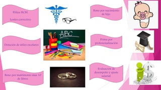 Póliza HCM.
Lentes correctivo
Dotación de útiles escolares
Bono por matrimonio mas 10
de libres.
Bono por nacimiento
de hijo.
Prima por
profesionalización
Evaluación de
desempeño y ajuste
salarial.
 