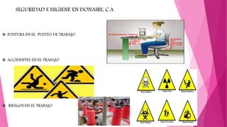SEGURIDAD E HIGIENE EN DONAIRE, C.A
 POSTURA EN EL PUESTO DE TRABAJO
 ACCIDENTES EN EL TRABAJO
 RIESGOS EN EL TRABAJO
 
