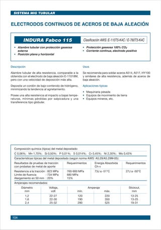 104
INDURA Fabco 115 Clasificación AWS: E-110T5-K4C / E-760T5-K4C
• 	 Alambre tubular con protección gaseosa
externa
• 	 Posición plana y horizontal
•	 Protección gaseosa 100% CO2
•	 Corriente continua, electrodo positivo
Descripción
Alambre tubular de alta resistencia, comparable a la
obtenida con el electrodo de baja aleación E-11018M,
pero con una velocidad de deposición más alta.
Deposita un cordón de bajo contenido de hidrógeno,
minimizando la tendencia al agrietamiento.
Posee una alta resistencia al impacto a bajas tempe-
raturas, mínimas pérdidas por salpicadura y una
transferencia tipo globular.
Usos
Se recomienda para soldar aceros A514, A517, HY100
y similares de alta resistencia, además de aceros de
baja aleación.
Aplicaciones típicas
• 	 Maquinaria pesada
• 	 Equipos de movimiento de tierra
• 	 Equipos mineros, etc.
ELECTRODOS CONTINUOS DE ACEROS DE BAJA ALEACIÓN
Composición química (típica) del metal depositado:
C 0,06%; Mn 1,70%; Si 0,50%; P 0,01%; S 0,014%; Cr 0,45%; Ni 2,30%; Mo 0,43%
Características típicas del metal depositado (según norma AWS: A5.29/A5.29M-05):
Resultados de pruebas de tracción Requerimientos 	 Energía Absorbida	 Requerimientos
con probetas de metal de aporte 	 Ch-v
Resistencia a la tracción	: 823 MPa 760-900 MPa	 73J a -51°C	 27J a -50°C
Límite de fluencia 	 : 734 MPa 680 MPa
Alargamiento en 50 mm	 : 20% 15%
Amperajes recomendados:
Diámetro Voltaje, Amperaje Stickout,	
mm volt mín. máx. mm
1,2 22-27 120 220 13-25
1,6 22-30 190 350 13-25
2,4 25-32 290 525 19-31
SISTEMA MIG TUBULAR
 
