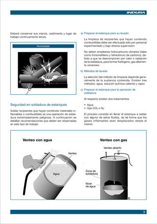 9
Humedad
Deberá conservar sus manos, vestimenta y lugar de
trabajo continuamente secos.
a)	Preparar el estanque para su lavado:
	 La limpieza de recipientes que hayan contenido
combustibles debe ser efectuada sólo por personal
experimentado y bajo directa supervisión.
	 No deben emplearse hidrocarburos clorados (tales
como tricloroetileno y tetracloruro de carbono), de-
bido a que se descomponen por calor o radiación
de la soldadura, para formar fosfógeno, gas altamen-
te venenoso.
b)	Métodos de lavado:
	 La elección del método de limpieza depende gene-
ralmente de la sustancia contenida. Existen tres
métodos: agua, solución química caliente y vapor.
c)	Preparar el estanque para la operación de
soldadura:
	 Al respecto existen dos tratamientos:
	 • Agua
	 • Gas CO2 o N2
	 El proceso consiste en llenar el estanque a soldar
con alguno de estos fluidos, de tal forma que los
gases inflamables sean desplazados desde el
interior.
Seguridad en soldadura de estanques
Soldar recipientes que hayan contenido materiales in-
flamables o combustibles es una operación de solda-
dura extremadamente peligrosa. A continuación se
detallan recomendaciones que deben ser observadas
en este tipo de trabajo:
 