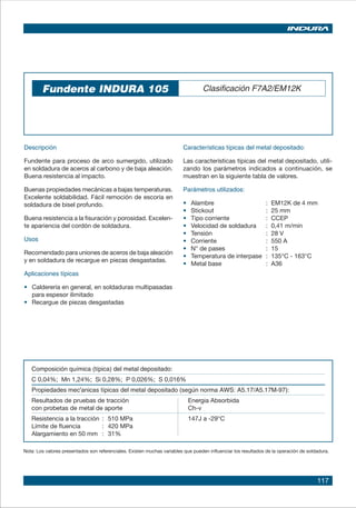 117
Composición química (típica) del metal depositado:
C 0,04%; Mn 1,24%; Si 0,28%; P 0,026%; S 0,016%
Propiedades mec'anicas típicas del metal depositado (según norma AWS: A5.17/A5.17M-97):
Resultados de pruebas de tracción Energia Absorbida
con probetas de metal de aporte Ch-v	
Resistencia a la tracción : 510 MPa 147J a -29°C
Límite de fluencia : 420 MPa
Alargamiento en 50 mm : 31%
Fundente INDURA 105
Descripción
Fundente para proceso de arco sumergido, utilizado
en soldadura de aceros al carbono y de baja aleación.
Buena resistencia al impacto.
Buenas propiedades mecánicas a bajas temperaturas.
Excelente soldabilidad. Fácil remoción de escoria en
soldadura de bisel profundo.
Buena resistencia a la fisuración y porosidad. Excelen-
te apariencia del cordón de soldadura.
Usos
Recomendado para uniones de aceros de baja aleación
y en soldadura de recargue en piezas desgastadas.
Aplicaciones típicas
• 	 Calderería en general, en soldaduras multipasadas
para espesor ilimitado
• 	 Recargue de piezas desgastadas
Características típicas del metal depositado:
Las características típicas del metal depositado, utili-
zando los parámetros indicados a continuación, se
muestran en la siguiente tabla de valores.
Parámetros utilizados:
• 	 Alambre	 : EM12K de 4 mm
• 	 Stickout	 : 25 mm
• 	 Tipo corriente	 : CCEP
• 	 Velocidad de soldadura	 : 0,41 m/min
• 	 Tensión	 : 28 V
• 	 Corriente	 : 550 A
• 	 N° de pases	 : 15
• 	 Temperatura de interpase	 : 135°C - 163°C
• 	 Metal base	 : A36
Clasificación F7A2/EM12K
Nota: Los valores presentados son referenciales. Existen muchas variables que pueden influenciar los resultados de la operación de soldadura.
 