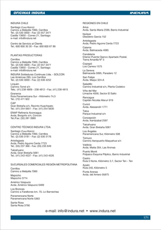 171
INDURA CHILE
Santiago (Casa Matriz)
Camino a Melipilla 7060, Cerrillos
Tel.: (2) 530 3000 - Fax: (2) 557 3471
Casilla 13850 - Correo 21, Santiago
e-mail: info@indura.net
Centro de Servicio al Cliente
Tel.: 600 600 30 30 - Fax: 600 600 67 89
PLANTAS PRODUCTORAS
Cerrillos
Camino a Melipilla 7060, Cerrillos
Tel.: (2) 530 3000 - Fax: (2) 557 3471
Casilla 13850 - Correo 21, Santiago
e-mail: info@indura.net
INDURA Soldaduras Continuas Ltda. - SOLCON
Las Américas 285, Los Cerrillos
Tel.: (2) 530 3000 - Fax: (2) 538 4252
Lirquén
Camino Tomé s/n
Tels.: (41) 238 4809 - 238 4812 - Fax: (41) 238 4815
Graneros
Ruta Panamericana Sur - Kilómetro 74,5
Tel.: (72) 471 922
CAP
Gran Bretaña s/n, Recinto Huachipato
Tel.: (41) 254 5651 - Fax: (41) 254 5630
ENAP Refinería Aconcagua
Avda. Borgoño s/n, Concón
Tel./Fax: (32) 281 3985
CENTRO TÉCNICO INDURA LTDA.
Santiago (Casa Matriz)
Camino a Melipilla 7060, Cerrillos
Tel.: (2) 530 3181 - Fax: (2) 530 3176
Antofagasta
Avda. Pedro Aguirre Cerda 7723
Tel.: (55) 237 366 - Fax: (55) 235 649
Talcahuano
Avda. Gran Bretaña 5061
Tel.: (41) 243 4537 - Fax: (41) 243 4526
SUCURSALES COMERCIALES REGIÓN METROPOLITANA
Cerrillos
Camino a Melipilla 7060
Mapocho
Mapocho 3774
Américo Vespucio
Avda. Américo Vespucio 0469
Los Bronces
Camino a Farellones km. 70, Lo Barnechea
Panamericana Norte
Panamericana Norte 5363
Santa Rosa
Santa Rosa 3790
e-mail: info@indura.net • www.indura.net
REGIONES EN CHILE
Arica
Avda. Santa María 2599, Barrio Industrial
Iquique
Desiderio García 152
Antofagasta
Avda. Pedro Aguirre Cerda 7723
Calama
Avda. Balmaceda 4085
Candelaria
Interior Puente Ojanco Apartado Postal,
Tierra Amarilla Nº 3
Copiapó
Los Carrera 1575
La Serena
Balmaceda 5995, Paradero 12
San Felipe
Avda. Maipú 324-A
Saladillo
Camino Industrial s/n, Planta Codelco
Viña del Mar
Limache 4059, Sector El Salto
Rancagua
Capitán Nicolás Maruri 919
Curicó
Avda. Alessandri 1771
Talca
Parque Industrial s/n
Concepción
Avda. Irarrázabal 2597
Talcahuano
Avda. Gran Bretaña 5061
Los Ángeles
Panamericana Sur, Kilómetro 508
Temuco
Camino Aeropuerto Maquehue s/n
Valdivia
Avda. Matta 304, Las Ánimas
Puerto Montt
Polpaico Esquina Pilpilco, Barrio Industrial
Castro
Ruta 5 Norte, Kilómetro 3,7, Sector Ten - Ten
Aysén
Ruta 240, Kilómetro 5
Punta Arenas
Avda. del Arriero 05875
OFICINAS INDURA
 