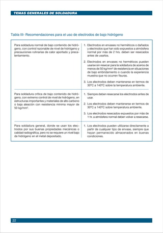 22
TEMAS GENERALES DE SOLDADURA
Para soldadura normal de bajo contenido de hidró-
geno, con control razonable de nivel de hidrógeno y
precauciones rutinarias de calor aportado y preca-
lentamiento.
Para soldadura crítica de bajo contenido de hidró-
geno, con extremo control de nivel de hidrógeno, en
estructuras importantes y materiales de alto carbono
o baja aleación con resistencia mínima mayor de
50 kg/mm2
.
Para soldadura general, donde se usan los elec-
trodos por sus buenas propiedades mecánicas o
calidad radiográfica, pero no se requiere un nivel bajo
de hidrógeno en el metal depositado.
Tabla III- Recomendaciones para el uso de electrodos de bajo hidrógeno
1.	Electrodos en envases no herméticos o dañados
y electrodos que han sido expuestos a atmósfera
normal por más de 2 hrs. deben ser resecados
antes de usarlos.
2.	Electrodos en envases no herméticos pueden
usarse sin resecar para la soldadura de aceros de
menos de 50 kg/mm2
de resistencia en situaciones
de bajo embridamiento o cuando la experiencia
muestra que no ocurren fisuras.
3.	Los electrodos deben mantenerse en termos de
30ºC a 140ºC sobre la temperatura ambiente.
1.	Siempre deben resecarse los electrodos antes de
usar.
2.	Los electrodos deben mantenerse en termos de
30ºC a 140ºC sobre temperatura ambiente.
3.	Los electrodos resecados expuestos por más de
1 hr. a atmósfera normal deben volver a resecarse.
1.	Los electrodos pueden utilizarse directamente a
partir de cualquier tipo de envase, siempre que
hayan permanecido almacenados en buenas
condiciones.
 