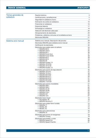 1
ÍNDICE GENERAL
Temas generales de
soldadura
Reseña histórica 3
Certificaciones y acreditaciones 3
Seguridad en soldadura al arco 4
Estimación de costos en soldadura 10
Posiciones en soldadura 16
Esquemas básicos 17
Simbología en soldadura 18
Selección del electrodo adecuado 20
Almacenamiento de electrodos 20
Problemas y defectos comunes en la soldadura al arco 23
Electrodos INDURA 27
Sistema arco manual. Descripción del proceso 29
Electrodos INDURA para soldadura arco manual 29
Certificación de electrodos 30
Electrodos para soldar acero al carbono 33
• INDURA 6010 34
• INDURA 230-S 35
• INDURA 6011 36
• INDURA punto Azul 37
• INDURA punto Verde 38
• INDURA 6012 39
• INDURA 6013 40
• INDURA 90 41
• INDURA Facilarc 14 42
• INDURA 7018-RH 43
• INDURA 7018-AR 44
• INDURA Facilarc 12 45
Electrodos para aceros de baja aleación 46
• INDURA 7010-A1 47
• INDURA 7018-A1 48
• INDURA 8018-B2 49
• INDURA 8018-C1 50
• INDURA 8018-C2 51
• INDURA 9018-B3 52
• INDURA 11018-M 53
Electrodos para aceros inoxidables 57
• INDURA 308-L 61
• INDURA 309-L 62
• INDURA 25-20 63
• INDURA 29-9S 64
• INDURA 316-L 65
• INDURA 347 66
• INDURA 13/4 67
Electrodos base níquel 70
• Nicroelastic 46 70
• INDURA Nicromo 3 71
Electrodos para soldar hierro fundido 72
• INDURA 77 73
• NICKEL 99 74
• NICKEL 55 75
Electrodos para cobre-bronce 76
• INDURA 70 77
Electrodos para aceros al manganeso 78
• INDURA Timang 79
Electrodos para biselar y cortar 80
• INDURA Speed Cut 80
• INDURA Speed Chamfer 81
Sistema arco manual
 