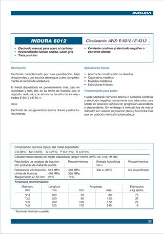 39
INDURA 6012 Clasificación AWS: E-6012 / E-4312
• 	 Electrodo manual para acero al carbono
• 	 Revestimiento rutílico sódico. Color gris
• 	 Toda posición	
•	 Corriente continua y electrodo negativo o
corriente alterna
Descripción
Electrodo caracterizado por baja penetración, bajo
chisporroteo y una escoria densa que cubre completa-
mente el cordón de soldadura.
El metal depositado es generalmente más bajo en
ductilidad y más alto en su límite de fluencia que el
depósito realizado con el mismo tamaño de los elec-
trodos E-6010 o E-6011.
Usos
Electrodo de uso general en aceros dulces y estructu-
ras livianas.
Aplicaciones típicas
•	 Aceros de construcción no aleados
•	 Carpintería metálica
•	 Muebles metálicos
•	 Estructuras livianas
Procedimiento para soldar
Puede utilizarse corriente alterna o corriente continua
y electrodo negativo, usualmente son adecudos para
soldar en posición vertical con progresión ascendente
o descendente. Sin embargo a menudo los de mayor
diámetro son usados en posición plana y horizontal más
que en posición vertical y sobrecabeza.
Composición química (típica) del metal depositado:
C 0,08%; Mn 0,50%; Si 0,25%; P 0,018%; S 0,019%
Características típicas del metal depositado (según norma AWS: A5.1/A5.1M-04):
Resultados de pruebas de tracción Requerimientos 	 Energía Absorbida	 Requerimientos
con probetas de metal de aporte 	 Ch-v
Resistencia a la tracción	: 514 MPa 430 MPa	 39J a -30°C	 No especificado
Límite de fluencia 	 : 440 MPa 330 MPa
Alargamiento en 50 mm	 : 28% 17%
Amperajes recomendados:
Diámetro Longitud Amperaje Electrodos
mm mm mín. máx. x kg aprox.
*2,4 300 50 80 76
*3,2 350 80 120 37
*4,0 350 120 170 26
*4,8 350 170 240 18
* Electrodo fabricado a pedido
 