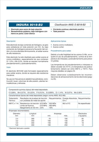 49
INDURA 8018-B2 Clasificación AWS: E-8018-B2
• 	 Electrodo para acero de baja aleación
• 	 Revestimiento potásico, bajo hidrógeno con
hierro en polvo. Color blanco
•	 Corriente continua, electrodo positivo	
•	 Toda posición
Descripción
Este electrodo de bajo contenido de hidrógeno, es apto
para soldaduras en toda posición con CC. Su bajo
contenido de hidrógeno previene la fisuración del cor-
dón y la zona afectada térmicamente, al soldar aceros
de alta resistencia.
Este electrodo ha sido diseñado para soldar aceros al
cromo-molibdeno, especialmente los que contienen
Cr 1,0% y Mo 0,5%, donde se requiere normalmente
precalentamiento y postcalentamiento.
Usos
El electrodo 8018-B2 está formulado especialmente
para soldar aceros, donde se requiere alta resistencia
mecánica.
Se usa con frecuencia en plataformas petroleras, cons-
trucción naval, columnas de alta presión, plantas ter-
moeléctricas y refinerías.
Aplicaciones típicas
• 	 Aceros cromo-molibdeno
• 	 Aceros corten
Procedimiento para soldar
Debido a la alta fragilidad de los aceros Cr-Mo, se re-
quiere el uso de precalentamiento, control de la tem-
peratura de interpase y postcalentamiento para preve-
nir grietas.
Las temperaturas de precalentamiento e interpase no
deben exceder de 315°C y la temperatura de postca-
lentamiento deberá ser entre 690°C y 740°C. Para
mayores detalles ver página 33.
Deben observarse cuidadosamente las recomen-
daciones de almacenamiento de los electrodos (pági-
na 20).
* Electrodo fabricado a pedido
Composición química (típica) del metal depositado:
C 0,08%; Mn 0,57%; Si 0,52%; P 0,012%; S 0,009%; Cr 1,14%; Ni 0,07%; Mo 0,56%
Características típicas del metal depositado (según norma AWS: A5.5-96):
Tratamiento	 Resultados de pruebas de tracción Requerimientos 	 Energía Absorbida	 Requerimientos
Térmico 	 con probetas de metal de aporte 	 Ch-v
690°C x 1 hr.	 Resistencia a la tracción	: 670 MPa 550 MPa	 80J a 0°C	 No especificado
	 Límite de fluencia 	 : 570 MPa 460 MPa
	 Alargamiento en 50 mm	: 23% 19%
Amperajes recomendados:
Diámetro Longitud Amperaje Electrodos
mm mm mín. máx. x kg aprox.
2,4 300 70 100 65
3,2 350 100 130 29
4,0 350 140 180 18
*4,8 350 190 250 14
 