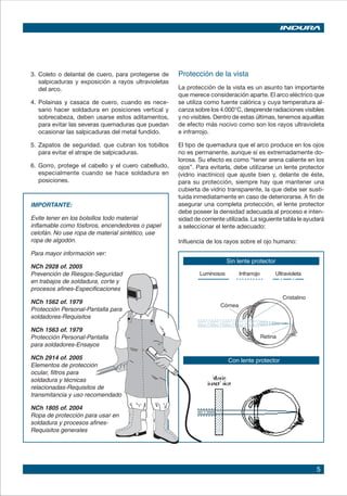 5
Protección de la vista
La protección de la vista es un asunto tan importante
que merece consideración aparte. El arco eléctrico que
se utiliza como fuente calórica y cuya temperatura al-
canza sobre los 4.000°C, desprende radiaciones visibles
y no visibles. Dentro de estas últimas, tenemos aquellas
de efecto más nocivo como son los rayos ultravioleta
e infrarrojo.
El tipo de quemadura que el arco produce en los ojos
no es permanente, aunque sí es extremadamente do-
lorosa. Su efecto es como “tener arena caliente en los
ojos”. Para evitarla, debe utilizarse un lente protector
(vidrio inactínico) que ajuste bien y, delante de éste,
para su protección, siempre hay que mantener una
cubierta de vidrio transparente, la que debe ser susti-
tuida inmediatamente en caso de deteriorarse. A fin de
asegurar una completa protección, el lente protector
debe poseer la densidad adecuada al proceso e inten-
sidad de corriente utilizada. La siguiente tabla le ayudará
a seleccionar el lente adecuado:
Influencia de los rayos sobre el ojo humano:
Sin lente protector
Con lente protector
3.	Coleto o delantal de cuero, para protegerse de
salpicaduras y exposición a rayos ultravioletas
del arco.
4.	Polainas y casaca de cuero, cuando es nece-
sario hacer soldadura en posiciones vertical y
sobrecabeza, deben usarse estos aditamentos,
para evitar las severas quemaduras que puedan
ocasionar las salpicaduras del metal fundido.
5.	Zapatos de seguridad, que cubran los tobillos
para evitar el atrape de salpicaduras.
6.	Gorro, protege el cabello y el cuero cabelludo,
especialmente cuando se hace soldadura en
posiciones.
IMPORTANTE:
Evite tener en los bolsillos todo material
inflamable como fósforos, encendedores o papel
celofán. No use ropa de material sintético, use
ropa de algodón.
Para mayor información ver:
NCh 2928 of. 2005
Prevención de Riesgos-Seguridad
en trabajos de soldadura, corte y
procesos afines-Especificaciones
NCh 1562 of. 1979
Protección Personal-Pantalla para
soldadores-Requisitos
NCh 1563 of. 1979
Protección Personal-Pantalla
para soldadores-Ensayos
NCh 2914 of. 2005
Elementos de protección
ocular, filtros para
soldadura y técnicas
relacionadas-Requisitos de
transmitancia y uso recomendado
NCh 1805 of. 2004
Ropa de protección para usar en
soldadura y procesos afines-
Requisitos generales
 
