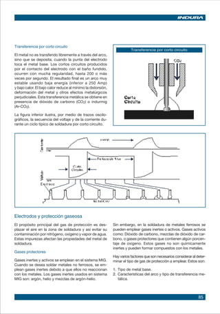 85
Transferencia por corto circuito
El metal no es transferido libremente a través del arco,
sino que se deposita, cuando la punta del electrodo
toca el metal base. Los cortos circuitos producidos
por el contacto del electrodo con el baño fundido,
ocurren con mucha regularidad, hasta 200 o más
veces por segundo. El resultado final es un arco muy
estable usando baja energía (inferior a 250 Amp)
y bajo calor. El bajo calor reduce al mínimo la distorsión,
deformación del metal y otros efectos metalúrgicos
perjudiciales. Esta transferencia metálica se obtiene en
presencia de dióxido de carbono (CO2) o indurmig
(Ar-CO2).
La figura inferior ilustra, por medio de trazos oscilo-
gráficos, la secuencia del voltaje y de la corriente du-
rante un ciclo típico de soldadura por corto circuito.
Transferencia por corto circuito
Electrodos y protección gaseosa
El propósito principal del gas de protección es des-
plazar el aire en la zona de soldadura y así evitar su
contaminación por nitrógeno, oxígeno y vapor de agua.
Estas impurezas afectan las propiedades del metal de
soldadura.
Gases protectores
Gases inertes y activos se emplean en el sistema MIG.
Cuando se desea soldar metales no ferrosos, se em-
plean gases inertes debido a que ellos no reaccionan
con los metales. Los gases inertes usados en sistema
MIG son: argón, helio y mezclas de argón-helio.
Sin embargo, en la soldadura de metales ferrosos se
pueden emplear gases inertes o activos. Gases activos
como: Dióxido de carbono, mezclas de dióxido de car-
bono, o gases protectores que contienen algún porcen-
taje de oxígeno. Estos gases no son químicamente
inertes y pueden formar compuestos con los metales.
Hay varios factores que son necesarios considerar al deter-
minar el tipo de gas de protección a emplear. Estos son:
1. 	Tipo de metal base.
2.	Características del arco y tipo de transferencia me-
tálica.
 