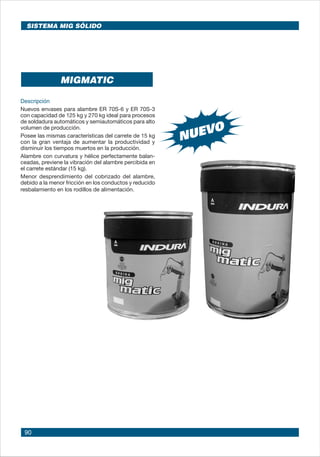 90
MIGMATIC
Descripción
Nuevos envases para alambre ER 70S-6 y ER 70S-3
con capacidad de 125 kg y 270 kg ideal para procesos
de soldadura automáticos y semiautomáticos para alto
volumen de producción.
Posee las mismas características del carrete de 15 kg
con la gran ventaja de aumentar la productividad y
disminuir los tiempos muertos en la producción.
Alambre con curvatura y hélice perfectamente balan-
ceadas, previene la vibración del alambre percibida en
el carrete estándar (15 kg).
Menor desprendimiento del cobrizado del alambre,
debido a la menor fricción en los conductos y reducido
resbalamiento en los rodillos de alimentación.
SISTEMA MIG SÓLIDO
 