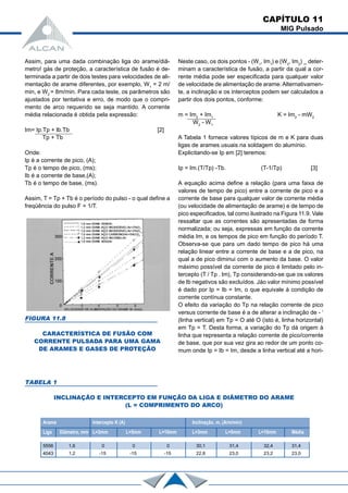 CAPÍTULO 11
MIG Pulsado
Assim, para uma dada combinação liga do arame/diâ-
metro! gás de proteção, a característica de fusão é de-
terminada a partir de dois testes para velocidades de ali-
mentação de arame diferentes, por exemplo, W1
= 2 m/
min, e W2
= 8m/min. Para cada teste, os parâmetros são
ajustados por tentativa e erro, de modo que o compri-
mento de arco requerido se seja mantido. A corrente
média relacionada é obtida pela expressão:
Im= Ip.Tp + lb.Tb [2]
Tp + Tb
Onde:
Ip é a corrente de pico, (A);
Tp é o tempo de pico, (ms);
Ib é a corrente de base,(A);
Tb é o tempo de base, (ms).
Assim, T = Tp + Tb é o período do pulso - o qual define a
freqüência do pulso F = 1/T.
Neste caso, os dois pontos - (W1
, Im1
) e (W2
, Im2
) _ deter-
minam a característica de fusão, a partir da qual a cor-
rente média pode ser especificada para qualquer valor
de velocidade de alimentação de arame. Alternativamen-
te, a inclinação e os interceptos podem ser calculados a
partir dos dois pontos, conforme:
m = Im2
+ Im1
K = Im2
- mW2
W2
- W1
A Tabela 1 fornece valores típicos de m e K para duas
ligas de arames usuais na soldagem do alumínio.
Explicitando-se Ip em [2] teremos:
Ip = Im.(T/Tp) -Tb. (T-1/Tp) [3]
A equação acima define a relação (para uma faixa de
valores de tempo de pico) entre a corrente de pico e a
corrente de base para qualquer valor de corrente média
(ou velocidade de alimentação de arame) e de tempo de
pico especificados, tal como ilustrado na Figura 11.9. Vale
ressaltar que as correntes são apresentadas de forma
normalizada; ou seja, expressas em função da corrente
média Im, e os tempos de pico em função do período T.
Observa-se que para um dado tempo de pico há uma
relação linear entre a corrente de base e a de pico, na
qual a de pico diminui com o aumento da base. O valor
máximo possível da corrente de pico é limitado pelo in-
tercepto (T / Tp . Im), Tp considerando-se que os valores
de Ib negativos são excluídos. Jáo valor mínimo possível
é dado por Ip = Ib = Im, o que equivale à condição de
corrente contínua constante.
O efeito da variação do Tp na relação corrente de pico
versus corrente de base é a de alterar a inclinação de - ‘
(linha vertical) em Tp = O até O (isto é, linha horizontal)
em Tp = T. Desta forma, a variação do Tp dá origem à
linha que representa a relação corrente de pico/corrente
de base, que por sua vez gira ao redor de um ponto co-
mum onde Ip = Ib = Im, desde a linha vertical até a hori-
FIGURA 11.8
CARACTERÍSTICA DE FUSÃO COM
CORRENTE PULSADA PARA UMA GAMA
DE ARAMES E GASES DE PROTEÇÃO
TABELA 1
INCLINAÇÃO E INTERCEPTO EM FUNÇÃO DA LIGA E DIÂMETRO DO ARAME
(L = COMPRIMENTO DO ARCO)
Arame Intercepto K (A) Inclinação, m, (A/m/min)
Liga Diâmetro, mm L=3mm L=5mm L=10mm L=3mm L=5mm L=10mm Média
5556 1,6 0 0 0 30,1 31,4 32,4 31,4
4043 1,2 -15 -15 -15 22,8 23,0 23,2 23,0
 
