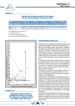 CAPÍTULO 11
MIG Pulsado
TABELA 3
PARÂMETRO DE DESTACAMENTO EM FUNÇÃO
DA LIGA DO ELETRODO E VOLUME DA GOTA.
Arame v = 1,0 v = 1,5 v = 2,0 v = 2,5 v = 3,0
Material Diâmetro, mm Icc Tcc k/103
Icc Tcc k/103
Icc Tcc k/103
Icc Tcc k/103
Icc Tcc k/103
5556 1,6 335 2,47 1,58 300 4,45 2,22 276 6,80 2,80 257 9,45 3,30 242 12,30 3,72
4043 1,2 140 7,8 0,67 118 15,0 0,87 110 29,0 1,19 - - - - - -
k = parâmetro de destacamento (A2,3
. s)
v = volume da gota (mm3
)
Icc = corrente contínua constante (A)
Tcc = tempo de destacamento da gota (ms)
FIGURA 11.9
RELAÇÕES GERAIS ENTRE AS
CORRENTES DE PICO E DE BASE
EM FUNÇÃO DA CORRENTE MÉDIA
DO TEMPO TOTAL DE PULSO
TRANSFERÊNCIA METÁLICA
Embora todas as condições de pulso pertencentes à zona
paramétrica satisfaçam o critério de fusão [3], Figura 11.9,
algumas combinações podem não produzir transferên-
cia metálica controlada (ou transferência ou “spray” artifi-
cial) caso a corrente e o tempo de pico juntos forem insu-
ficientes para transferir o volume de gota de interesse.
Logo, a região paramétrica é, além disso, restringida pela
exigência de que em cada pulso uma gota proveniente
do arame seja destacada, e que isto ocorra durante o
pico.
A condição de transferência caracterizada por uma gota
por impulso parece, à primeira vista, um pouco arbitrário.
Entretanto, quando ocorrem dois ou mais destacamen-
tos por pico, o processo torna-se menos controlável e,
algumas vezes, aparecem salpicos finos. Esta diminui-
ção no controle é devido a:
• Diferenças fundamentais que acontecem entre o pri-
meiro destacamento e os seguintes (Figura 11.10a).
Quando a segunda gota é de dimensão muito pequena,
podem ocorrer salpicos finos.
• Diferenças na aceleração da gota através do arco e
impacto na poça de fusão (Figura 11. l0b). Para minimizar
os salpicos, é melhor que as gotas sejam transferidas
através do arco durante o período de base. Desta forma,
para que a transferência ocorra nas melhores condições,
a gota deve-se destacar no fim do pico. Caso o seu des-
tacamento aconteça no meio do pico, atravessará o arco
com enorme aceleração e desenvolvimento de calor, o
que tem conseqüências na penetração e na ocorrência
de salpicos.
A partir de dados experimentais de corrente e de tempo,
justamente necessários para que uma dada dimensão
de gota se destaque da ponta de um arame, foi determi-
nada uma relação inversa geral entre corrente e tempo
de pico limite.
 