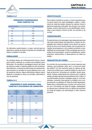 TABELA 4.2
DIMENSÕES PADRONIZADAS
PARA VARETAS TIG
Os diâmetros padronizados e o peso nominal para os
eletrodos e varetas de solda, fornecidos em carretéis são
dados na tabela 4.3 ao lado:
EMBALAGEM
Os carretéis devem ser suficientemente limpos e secos
para manter o eletrodo ou a vareta nas condições como
fabricados. Os carretéis e embalagens devem ser feitos
de maneira a isolar o metal de adição do meio ambiente.
Normalmente, a maioria dos fabricantes de metal de adi-
ção envolvem os carretéis em sacos plásticos com o uso
de secativos internos. Alguns fabricantes utilizam sacos
plásticos e embalam a vácuo os carretéis, eliminando o
uso de secativos.
TABELA 4.3
DIMENSÕES E PESO NOMINAL PARA
VARETAS E ELETRODOS EM CARRETÉIS
DIÂMETRO DAS VARETAS TIG
(mm) (in)
1,6 1/16
2,4 2/32
3,2 1/8
4,0 5/32
4,8 3/16
6,4 1/4
IDENTIFICAÇÃO
Para melhor controle do usuário, é muito importante que,
na parte externa de cada embalagem unitária, o fabri-
cante do metal de adição coloque de maneira visível e
legível as seguintes instruções: tipo de liga e sua classi-
ficação; nome do fabricante ou sua identificação, dimen-
sões e peso líquido; número do lote, do controle ou de
corrida.
ARMAZENAGEM
É essencial que a armazenagem seja adequada para que
não haja contaminação dos eletrodos e varetas. As em-
balagens dos metais de adição nunca devem ser deixa-
das ao ar livre ou em locais úmidos, pois as grandes va-
riações de temperatura e de umidade aumentam a pos-
sibilidade de condensação. É fato constatado que as con-
dições de armazenagem, quando insatisfatórias, podem
prejudicar sobremaneira o desempenho do metal em
adição.
REQUISITOS DE FORMA
Ao contrário do que acontece com outros materiais (aço
carbono, aço inoxidável, cobre, etc.), a norma em ques-
tão (AWS 5.10) não menciona quais os valores de diâ-
metro livre e hélice que o metal de adição em alumínio e
ligas de alumínio, fornecidos em carretéis, devem apre-
sentar. Todavia, dependendo dos valores que o metal de
adição enrolado apresente para diâmetro livre e hélice, a
sua alimentação durante a soldagem pode vir a ser pre-
judicada, causando interrupções no trabalho e/ou com-
prometendo a qualidade do metal de solda depositado.
Neste caso, é importante que o usuário, em comum acor-
do com o fornecedor de metal de adição, estabeleçam
os valores para o diâmetro livre e a hélice que permitam
ao metal de adição uma alimentação a mais uniforme
possível.
DIÂMETRO
DA BOBINA
(mm)
100 0,8 0,45
0,9
1,2
1,6
200 0,8 2,3
0,9
1,2
1,6
300 0,8 4,5
0,9
1,2
2,4
3,2
340 1,6 14,0
2,4
3,2
DIÂMETRO DAS
VARETAS OU
ELETRODOS (mm)
PESO LÍQUIDO
NOMINAL
(Kg)
CAPÍTULO 4
Metal de Adição
 