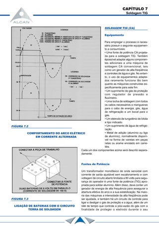 FIGURA 7.2
COMPORTAMENTO DO ARCO ELÉTRICO
EM CORRENTE ALTERNADA
CAPÍTULO 7
Soldagem TIG
SOLDAGEM TIG (CA)
Equipamento
Para empregar o processo é neces-
sário possuir o seguinte equipamen-
to e consumíveis:
• Uma fonte de potência CA projeta-
da para a soldagem TIG. Também
épossível adaptar alguns componen-
tes adicionais a uma máquina de
soldagem CA convencional, tais
como um gerador de alta freqüência
e controles de água e gás. No entan-
to, o uso de equipamentos adapta-
dos raramente funciona tão bem
quanto as máquinas construídas es-
pecificamente para este fim.
• Um suprimento de gás de proteção
com regulador de pressão e
fluxímetro.
• Uma tocha de soldagem com todos
os cabos necessários e mangueiras
para o cabo de energia, gás, água
de refrigeração e um bocal para o
gás.
• Um eletrodo de tungstênio de bitola
e tipo indicado.
• Um suprimento de água de refrige-
ração.
• Metal de adição (alumínio ou liga
de alumínio), normalmente disponí-
vel na forma de varetas em peças
retas ou arame enrolado em carre-
téis.
Cada um dos componentes acima será descrito separa-
damente.
Fontes de Potência
Um transformador monofásico de onda senoidal com
corrente de saída ajustável sem escalonamento e com
voltagem de circuito aberto limitada a 80 volts para segu-
rança do operador é uma fonte de potência (TIG) apro-
priada para soldar alumínio. Além disso, deve conter um
gerador de energia de alta frequência para assegurar a
abertura efetiva do arco e a sua estabilização. Na maio-
ria das máquinas a intensidade da alta freqüência pode
ser ajustada, e também há um circuito de controle para
ligar e desligar o gás de proteção e a água, além de um
relé de tempo que controla a pós-vazão do gás com a
finalidade de proteger o eletrodo durante o seu
FIGURA 7.3
LIGAÇÃO DE BATERIAS COM O CIRCUITO
TERRA DE SOLDAGEM
 