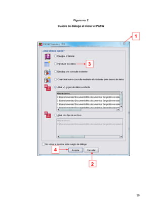 Figura no. 2

    Cuadro de diálogo al iniciar el PASW



                                           1




                           3




4


                               2




                                           10
 