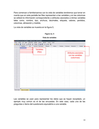 Para comenzar a familiarizarnos con la vista de variables tendremos que tomar en
cuenta que en esta pantalla las filas representan a las variables y en las columnas
se editará la información correspondiente a atributos asociados a dichas variables
tales como, nombre, tipo, anchura, decimales, etiqueta, valores, perdidos,
columnas, alineación y medida.

La vista de variables se muestra en la figura 5.


                                      Figura no. 5

                                  Vista de variables




                          Variables
                           (filas)
                                                              Atributos asociados
                                                               con las variables
                                                                   (columnas)




Las variables se usan para representar los datos que se hayan recopilado, un
ejemplo muy común es el de las encuestas. En este caso, cada una de las
preguntas o ítems del cuestionario equivaldría a una variable.




                                                                                    13
 