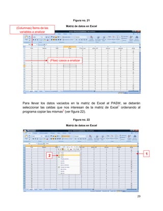 Figura no. 21

                                      Matriz de datos en Excel
(Columnas) Ítems de las
  variables a analizar




                          (Filas) casos a analizar




    Para llevar los datos vaciados en la matriz de Excel al PASW, se deberán
    seleccionar las celdas que nos interesan de la matriz de Excel 1 ordenando al
    programa copiar las mismas2 (ver figura 22).

                                            Figura no. 22

                                      Matriz de datos en Excel




                          2                                                         1




                                                                               29
 