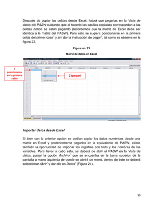 Después de copiar las celdas desde Excel, habrá que pegarlas en la Vista de
                datos del PASW cuidando que al hacerlo las casillas copiadas correspondan a las
                celdas donde se están pegando (recordemos que la matriz de Excel debe ser
                idéntica a la matriz del PASW). Para esto se sugiere posicionarse en la primera
                celda del primer caso1 y ahí dar la instrucción de pegar2, tal como se observa en la
                figura 23.
                                                    Figura no. 23

                                              Matriz de datos en Excel




      1
posicionarse
en la primera                                   2 (pegar)
    celda




                Importar datos desde Excel

                Si bien con la anterior opción se podían copiar los datos numéricos desde una
                matriz en Excel y posteriormente pegarlos en la equivalente de PASW, existe
                también la oportunidad de importar los registros con todo y los nombres de las
                variables. Para llevar a cabo esto, se deberá de abrir el PASW en la Vista de
                datos, pulsar la opción Archivo1 que se encuentra en la barra superior de la
                pantalla a mano izquierda de donde se abrirá un menú, dentro de éste se deberá
                seleccionar Abrir2 y dar clic en Datos3 (Figura 24).




                                                                                                 30
 