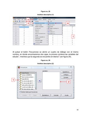 Figura no. 28

                             Análisis descriptivo (1)


                 2
                 3                                               4




                                                                        1




Al pulsar el botón Frecuencias se abrirá un cuadro de diálogo con el mismo
nombre, en donde encontraremos dos cajas, la primera contiene las variables del
estudio1, mientras que la segunda se encuentra en blanco2 (ver figura 29).

                                  Figura no. 29

                             Análisis descriptivo (2)




1
                                                                  2




                                                                             34
 