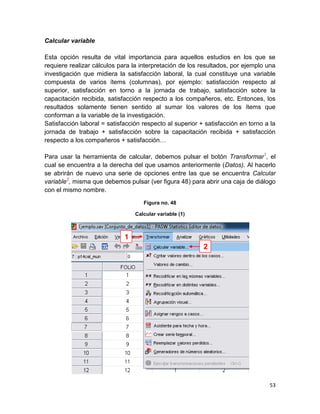 Calcular variable

Esta opción resulta de vital importancia para aquellos estudios en los que se
requiere realizar cálculos para la interpretación de los resultados, por ejemplo una
investigación que midiera la satisfacción laboral, la cual constituye una variable
compuesta de varios ítems (columnas), por ejemplo: satisfacción respecto al
superior, satisfacción en torno a la jornada de trabajo, satisfacción sobre la
capacitación recibida, satisfacción respecto a los compañeros, etc. Entonces, los
resultados solamente tienen sentido al sumar los valores de los ítems que
conforman a la variable de la investigación.
Satisfacción laboral = satisfacción respecto al superior + satisfacción en torno a la
jornada de trabajo + satisfacción sobre la capacitación recibida + satisfacción
respecto a los compañeros + satisfacción…

Para usar la herramienta de calcular, debemos pulsar el botón Transformar1, el
cual se encuentra a la derecha del que usamos anteriormente (Datos). Al hacerlo
se abrirán de nuevo una serie de opciones entre las que se encuentra Calcular
variable2, misma que debemos pulsar (ver figura 48) para abrir una caja de diálogo
con el mismo nombre.

                                    Figura no. 48

                                 Calcular variable (1)



                             1
                                                          2




                                                                                  53
 