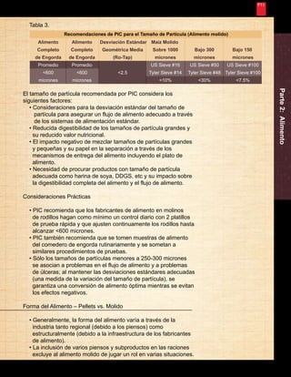 Nunca Deja de Mejorar 
11 
Tabla 3. 
Alimento 
Completo 
de Engorda 
Promedio 
<600 
micrones 
Recomendaciones de PIC para el Tamaño de Partícula (Alimento molido) 
Alimento 
Completo 
de Engorda 
Promedio 
<600 
micrones 
Maíz Molido 
Sobre 1000 
micrones 
US Sieve #16 
Tyler Sieve #14 
<10% 
Bajo 300 
micrones 
US Sieve #50 
Tyler Sieve #48 
<30% 
Bajo 150 
micrones 
US Sieve #100 
Tyler Sieve #100 
<7.5% 
Desviación Estándar 
Geométrica Media 
(Ro-Tap) 
<2.5 
Parte 2: Alimento El tamaño de partícula recomendada por PIC considera los 
siguientes factores: 
• Consideraciones para la desviación estándar del tamaño de 
partícula para asegurar un flujo de alimento adecuado a través 
de los sistemas de alimentación estándar. 
• Reducida digestibilidad de los tamaños de partícula grandes y 
su reducido valor nutricional. 
• El impacto negativo de mezclar tamaños de partículas grandes 
y pequeñas y su papel en la separación a través de los 
mecanismos de entrega del alimento incluyendo el plato de 
alimento. 
• Necesidad de procurar productos con tamaño de partícula 
adecuada como harina de soya, DDGS, etc y su impacto sobre 
la digestibilidad completa del alimento y el flujo de alimento. 
Consideraciones Prácticas 
• PIC recomienda que los fabricantes de alimento en molinos 
de rodillos hagan como mínimo un control diario con 2 platillos 
de prueba rápida y que ajusten continuamente los rodillos hasta 
alcanzar <600 micrones. 
• PIC también recomienda que se tomen muestras de alimento 
del comedero de engorda rutinariamente y se sometan a 
similares procedimientos de pruebas. 
• Sólo los tamaños de partículas menores a 250-300 micrones 
se asocian a problemas en el flujo de alimento y a problemas 
de úlceras; al mantener las desviaciones estándares adecuadas 
(una medida de la variación del tamaño de partícula), se 
garantiza una conversión de alimento óptima mientras se evitan 
los efectos negativos. 
Forma del Alimento – Pellets vs. Molido 
• Generalmente, la forma del alimento varía a través de la 
industria tanto regional (debido a los piensos) como 
estructuralmente (debido a la infraestructura de los fabricantes 
de alimento). 
• La inclusión de varios piensos y subproductos en las raciones 
excluye al alimento molido de jugar un rol en varias situaciones. 
 