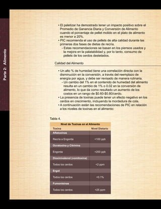 Manual de Destete a Engorda de PIC 
12 
Nivel de Toxinas en el Alimento 
Nivel Dietario 
<100 ppb 
<200 ppb 
<2 ppm 
<0.1% 
<25 ppm 
Toxina 
Aflatoxinas 
Recría a Engorda 
Ocratoxina y Citrinina 
Engorda 
Dioxinivalenol (vomitoxina) 
Todos los cerdos 
Ergot 
Todos los cerdos 
Fumonisinas 
Todos los cerdos 
Parte 2: Alimento 
• El peletizar ha demostrado tener un impacto positivo sobre el 
Promedio de Ganancia Diaria y Conversión de Alimento 
cuando el porcentaje de pellet molido en el plato de alimento 
es menor a 20%. 
• PIC recomienda el uso de pellets de alta calidad durante las 
primeras dos fases de dietas de recría. 
- Estas recomendaciones se basan en los piensos usados y 
la mejora en la palatabilidad y, por lo tanto, consumo de 
pellets de los cerdos destetados. 
Calidad del Alimento 
• Un alto % de humedad tiene una correlación directa con la 
disminución en la conversión, a través del reemplazo de 
energía por agua, y debe ser revisado de manera rutinaria. 
- Un cambio del 1% en el contenido de humedad del alimento 
resulta en un cambio de 1% o 0.02 en la conversión de 
alimento, lo que da como resultado un aumento de los 
costos en un rango de $0.60-$0.80/cerdo. 
• La presencia de toxinas puede tener un efecto negativo en los 
cerdos en crecimiento, incluyendo la mordedura de cola. 
• A continuación están las recomendaciones de PIC en relación 
a los niveles de toxinas en el alimento: 
Tabla 4. 
 