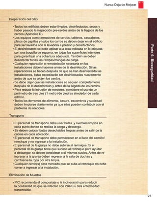 Nunca Deja de Mejorar 
Parte 6: Bioseguridad 
27 
Preparación del Sitio 
• Todos los edificios deben estar limpios, desinfectados, secos y 
haber pasado la inspección pre-cerdos antes de la llegada de los 
cerdos (Apéndice D). 
• Los equipos como arreadores de cerdos, tableros, cascabeles, 
platos de papillas y todos los carros se deben dejar en el edificio 
para ser lavados con la lavadora a presión y desinfectados. 
• El desinfectante se debe aplicar a la tasa indicada en la etiqueta, 
con una boquilla de espuma, en todas las superficies interiores 
para garantizar una cobertura adecuada. También se deben 
desinfectar todas las rampas/mangas de carga. 
• Cualquier reparación o remodelación necesaria en las 
instalaciones deben hacerse antes de la desinfección. Si las 
reparaciones se hacen después de que se han desinfectado las 
instalaciones, éstas necesitarán ser desinfectadas nuevamente 
antes de que se alojen los cerdos. 
• Se debe dejar que las instalaciones se sequen completamente 
después de la desinfección y antes de la llegada de los cerdos. 
• Para reducir la intrusión de roedores, considere el uso de un 
perímetro de tres pies (1 metro) de piedras alrededor de cada 
edificio. 
• Todos los derrames de alimento, basura, escombros y suciedad 
deben limpiarse diariamente ya que ellos pueden contribuir con el 
problema de roedores. 
Transporte 
• El personal de transporte debe usar botas y overoles limpios en 
cada punto donde se realiza la carga y descarga. 
• Se deben colocar botas desechables limpias antes de salir de la 
cabina en cada ubicación. 
• El personal de transporte debe permanecer en el lado del camión/ 
remolque y no ingresar a la instalación. 
• El personal de la granja no debe subirse al remolque. Si el 
personal de la granja tiene que subirse al remolque para ayudar 
a descargar, se deben considerar a sí mismos sucios. Antes de re-ingresar 
a la granja deben regresar a la sala de duchas y 
cambiarse la ropa por otra limpia. 
• Cualquier cerdo(s) para mercado que se suba al remolque no debe 
volver a ingresar a la instalación. 
Eliminación de Muertos 
• PIC recomienda el compostaje o la incineración para reducir 
la posibilidad de que se infecten con PRRS u otra enfermedad 
transmisible. 
 