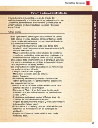 Nunca Deja de Mejorar 
Parte 7. Cuidado Animal Estándar 
29 
Parte 7. Cuidado Animal Estándar 
El cuidado diario de los cerdos es la piedra angular del 
rendimiento general y la optimización de las metas de producción. 
Diariamente, semanalmente, mensualmente y entre rutinas de 
turnos/vueltas se producen resultados repetibles y bienestar 
animal óptimo. 
Rutinas Diarias: 
• Para lograr el éxito, el encargado del cuidado de los cerdos 
debe asignar el tiempo adecuado para garantizar que el/ella 
puede cumplir adecuadamente con sus responsabilidades en 
el cuidado diario de los cerdos. 
- El evaluar individualmente a cada cerdo dentro de la 
instalación toma 2 segundos/cabeza o aproximadamente 30 
minutos/1000 cabezas. 
- Mayores consideraciones en la evaluación de bebederos, 
comederos, ventilación y tareas asociadas resultan en una 
inversión mínima de tiempo de 1 hora por 1000 cabezas. 
• El encargado debe entrar diariamente al corral para garantizar 
una buena evaluación de los cerdos y un buen entendimiento 
de la disponibilidad de agua y alimento. 
• Los encargados deben estar equipados con las herramientas 
que ayudan al cuidado eficiente. 
- Jeringas, medicaciones y agujas. 
- Marcadores (aerosol o palos de pintura). 
- Lápiz y Cuaderno. 
- Hidrómetro y termómetro (Humedad y Temperatura). 
- Tablero para separar a los cerdos enfermos o lesionados. 
• Las evaluaciones incluyen: 
- Identificación de los cerdos enfermos o lesionados para 
tratarlos o llevarlos al corral hospital. 
- Ejecución de PQA+ y árbol de toma de decisiones de 
eutanasia de la Asociación Americana de Veterinarios de 
Cerdos (AASV). 
- Evaluación y ajustes para producir el flujo de agua y la 
cobertura del plato de alimento adecuada. 
- Registro del consumo diario de agua y de las variaciones en 
la temperatura (altas y bajas). 
- Evaluación de la humedad y de la velocidad del aire para 
determinar las modificaciones en las estrategias de 
ventilación. 
- Registro del número de cerdos tratados, junto con la 
medicina y dosis. 
 