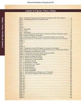 Manual de Destete a Engorda de PIC 
Listado de Figuras, Fotos y Tablas 
Tabla 1. Resultados Esperados del Programa Completo de PIC (Full Program) ..............5 
Tabla 2. Recomendaciones de Comedero de PIC..............................................................6 
Foto 1. ................................................................................................................................7 
Foto 2. ................................................................................................................................7 
Foto 3. ................................................................................................................................7 
Foto 4. ................................................................................................................................7 
Figura 1. .............................................................................................................................7 
Foto 5. Demasiado..............................................................................................................8 
Foto 6. Justo.......................................................................................................................8 
Foto 7. Insuficiente..............................................................................................................8 
Tabla 3. Recomendaciones de PIC para el Tamaño de Partícula (Alimento molido)........11 
Tabla 4. Nivel de toxinas en el Alimento ..........................................................................12 
Tabla 5. Pautas para Mantener la Salud y Crecimiento Óptimo en los Cerdos...…..........14 
Tabla 6. Recomendaciones de Temperatura y Tasas Mínimas de Intercambio de Aire del Edificio.......17 
Gráfico 1. .........................................................................................................................18 
Gráfico 2. .........................................................................................................................18 
Foto 8. ..............................................................................................................................19 
Foto 9. ..............................................................................................................................19 
Gráfico 3. .........................................................................................................................20 
Tabla 7. Clasificación de los CFM Según los Tamaños de Ventilador.…..........................20 
Tabla 8. Etapas de los Ventiladores & Requerimientos para un Enfriamiento Efectivo....21 
Tabla 9. Densidades de Poblamiento de PIC ...................................................................23 
Gráfico 4. Tamaño del Corral de Engorda & Ganancia Diaria ..........................................25 
Gráfico 5. Puntuación de Lesiones por Región.................................................................25 
Figura 2. Ejemplo de Mapa del Edificio …........................................................................34 
Tabla 10. Dieta de Inicio Recomendada ..........................................................................35 
Foto 10. Alimentación Húmeda (papilla)...........................................................................36 
Foto 11. Comedero Húmedo ….......................................................................................36 
Foto 12. Alimentación Húmeda ….....................................................................................36 
Foto 13. Alimentación en el Tapete...................................................................................36 
Foto 14. Cerdos Cómodos................................................................................................37 
Foto 15. Cerdo Retrasado..................................................................................................38 
Foto 16. Cerdos Retrasados.............................................................................................38 
Foto 17. Cerdos Saludables..............................................................................................38 
Tabla 11. Recomendaciones de Espacio en el Transporte...............................................40 
Tabla 12. Guía para la Ventilación del Camión & Camas.................................................40 
Tabla A-1...........................................................................................................................46 
Tabla A-2...........................................................................................................................46 
Tabla A-3...........................................................................................................................47 
Tabla B-1...........................................................................................................................48 
Tabla B-2...........................................................................................................................49 
Tabla B-3...........................................................................................................................50 
Tabla B-4...........................................................................................................................51 
Tabla B-5...........................................................................................................................52 
Tabla B-6...........................................................................................................................53 
Tabla G-1...........................................................................................................................59 
Tabla H-1...........................................................................................................................63 
Tabla H-2...........................................................................................................................65 
Tabla I-1.............................................................................................................................66 
Tabla I-2.............................................................................................................................67 
Tabla I-3.............................................................................................................................68 
Listado de Figuras, Fotos y Tablas 
 
