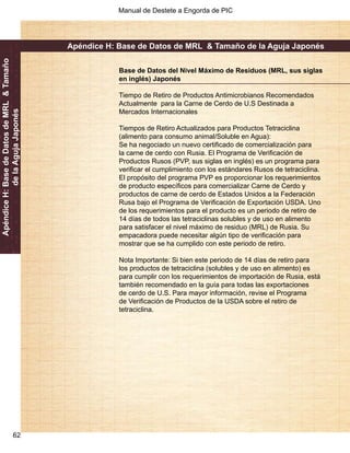 Manual de Destete a Engorda de PIC 
62 
Apéndice H: Base de Datos de MRL & Tamaño 
de la Aguja Japonés 
Apéndice H: Base de Datos de MRL & Tamaño de la Aguja Japonés 
Base de Datos del Nivel Máximo de Residuos (MRL, sus siglas 
en inglés) Japonés 
Tiempo de Retiro de Productos Antimicrobianos Recomendados 
Actualmente para la Carne de Cerdo de U.S Destinada a 
Mercados Internacionales 
Tiempos de Retiro Actualizados para Productos Tetraciclina 
(alimento para consumo animal/Soluble en Agua): 
Se ha negociado un nuevo certificado de comercialización para 
la carne de cerdo con Rusia. El Programa de Verificación de 
Productos Rusos (PVP, sus siglas en inglés) es un programa para 
verificar el cumplimiento con los estándares Rusos de tetraciclina. 
El propósito del programa PVP es proporcionar los requerimientos 
de producto específicos para comercializar Carne de Cerdo y 
productos de carne de cerdo de Estados Unidos a la Federación 
Rusa bajo el Programa de Verificación de Exportación USDA. Uno 
de los requerimientos para el producto es un periodo de retiro de 
14 días de todos las tetraciclinas solubles y de uso en alimento 
para satisfacer el nivel máximo de residuo (MRL) de Rusia. Su 
empacadora puede necesitar algún tipo de verificación para 
mostrar que se ha cumplido con este periodo de retiro. 
Nota Importante: Si bien este periodo de 14 días de retiro para 
los productos de tetraciclina (solubles y de uso en alimento) es 
para cumplir con los requerimientos de importación de Rusia, está 
también recomendado en la guía para todas las exportaciones 
de cerdo de U.S. Para mayor información, revise el Programa 
de Verificación de Productos de la USDA sobre el retiro de 
tetraciclina. 
 