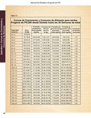 Manual de Destete a Engorda de PIC 
68 
Apéndice I: Curvas de Crecimiento y 
Consumo de Alimento 
Tabla I-3 
Curvas de Crecimiento y Consumo de Alimento para cerdos 
Progenie de PIC280 desde Destete hasta las 28 Semanas de edad 
 