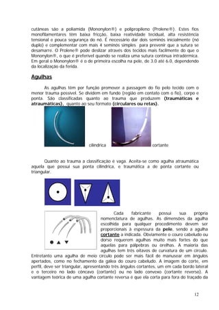 cutâneas são a poliamida (Mononylon®) e polipropileno (Prolene®). Estes fios
monofilamentares têm baixa fricção, baixa reatividade tecidual, alta resistência
tensional e pouca segurança do nó. É necessário dar dois seminós inicialmente (nó
duplo) e complementar com mais 4 seminós simples para prevenir que a sutura se
desamarre. O Prolene® pode deslizar através dos tecidos mais facilmente do que o
Mononylon®, o que é preferível quando se realiza uma sutura contínua intradérmica.
Em geral o Mononylon® é o de primeira escolha na pele, de 3.0 até 6.0, dependendo
da localização da ferida.
Agulhas
As agulhas têm por função promover a passagem do fio pelo tecido com o
menor trauma possível. Se dividem em fundo (região em contato com o fio), corpo e
ponta. São classificadas quanto ao trauma que produzem (traumáticas e
atraumáticas), quanto ao seu formato (circulares ou retas).
cilíndrica cortante
Quanto ao trauma a classificação é vaga. Aceita-se como agulha atraumática
aquela que possui sua ponta cilíndrica, e traumática a de ponta cortante ou
triangular.
Cada fabricante possui sua própria
nomenclatura de agulhas. As dimensões da agulha
escolhida para qualquer procedimento devem ser
proporcionais à espessura da pele, sendo a agulha
cortante a indicada. Obviamente o couro cabeludo ou
dorso requerem agulhas muito mais fortes do que
aquelas para pálpebras ou orelhas. A maioria das
agulhas tem três oitavos de curvatura de um círculo.
Entretanto uma agulha de meio círculo pode ser mais fácil de manusear em ângulos
apertados, como no fechamento da gálea do couro cabeludo. A imagem do corte, em
perfil, deve ser triangular, apresentando três ângulos cortantes, um em cada bordo lateral
e o terceiro no lado côncavo (cortante) ou no lado convexo (cortante reverso). A
vantagem teórica de uma agulha cortante reversa é que ela corta para fora do traçado da
12
 