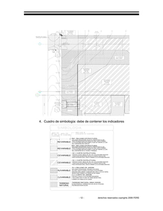 - 12 - derechos reservados copirights 2006 FERS
1
4. Cuadro de simbología: debe de contener los indicadores
RE/VARIABLE
RE/VARIABLE
DEL CONTRAPISO DEL EDIFICIO
RELLENAR CON MATERIAL SELECTO COMPACTADO AL 95%
LA PLATAFORMA INDICADA SOBRE LA QUE SE FUNDIRA LA LOSA
PROCTOR MODIFICADO EN CAPAS DE 0.20m. HASTA FORMAR
CE/VARIABLE
CE/VARIABLE
PROCTOR MODIFICADO EN CAPAS DE 0.20m. HASTA FORMAR
LA PLATAFORMA INDICADA SOBRE LA QUE SE FUNDIRA LA LOSA
RELLENAR CON MATERIAL SELECTO COMPACTADO AL 95%
DEL CONTRAPISO DE LA ACERA Y PARQUEO.
Y RESTITUIR POR MATERIAL SELECTO COMPACTADO AL 95%
PROCTOR MODIFICADO, HASTA FORMAR LA PLATAFORMA INDICADA
CORTAR 0.10 MTS. ABAJO DEL NIV. DE LA PLATAFORMA INDICADA
CORTAR 0.10 MTS. ABAJO DEL NIV. DE LA PLATAFORMA INDICADA
PROCTOR MODIFICADO, HASTA FORMAR LA PLATAFORMA INDICADA
Y RESTITUIR POR MATERIAL SELECTO COMPACTADO AL 95%
RJ/VARIABLE
NEGRA PARA FORMAR LOS PAÑUELOS DEL MISMO.
DE 0.20m. HASTA LLEGAR 0.10 M. BAJO LA PLATAFORMA
INDICADA PARA JARDIN Y AGREGAR UNA CAPA 0.10 M. DE TIERRA
RELLENAR CON MATERIAL ORGANICO EN CAPAS
CORTAR 0.10 BAJO LA PLATAFORMA REQUERIDA
FORMAR LOS PAÑUELOS DE JARDIN
Y RELLENAR CON 0.10 CMS. DE TIERRA NEGRA PARACJ/VARIABLE
TERRENO
NATURAL SIN NINGUNA MODIFICACION.
SE MANTENDRA EL TERRENO NATUTAL EN SU TOTALIDAD
 