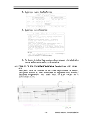 - 13 - derechos reservados copirights 2006 FERS
5. Cuadro de niveles de plataformas:
6. Cuadro de especificaciones:
NO SE ENCONTRO INDICACION DE NIVEL FRIATICO EN EL TERRENO.
SE VUELVA CL QUE SE REMOVERA HASTA 1.0 mt.
SE DEBERA REMOVER LA CAPA SUPERFICIAL HASTA UN MAXIMO DE 30 cm., EXCEPTO DONDE EL SUELO
NOTA:
7. Se deben de indicar las secciones transversales y longitudinales
que se realizaran para efectos de estudios.
105. PERFILES DE TOPOGRAFÍA MODIFICADA. Escala 1/100, 1/125, 1/200,
1/250.
Este plano debe de contener las secciones longitudinales del terreno,
para poder apreciar su forma modificada. Se requieren como mínimo 4
secciones longitudinales para poder hacer un buen estudio de la
terracería diseñada.
97.00
95.00
96.00
93.00
91.00
92.00
94.00
109.00
99.00
98.00
105.00
102.00
103.00
104.00
101.00
100.00
108.00
106.00
107.00
 
