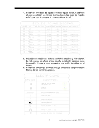 - 24 - derechos reservados copirights 2006 FERS
4. Cuadro de invertidas de aguas servidas y aguas lluvias. Cuadro en
el que se colocan los niveles terminados de las cajas de registro
exteriores, que sirven para la construcción de la red.
5. Instalaciones eléctricas: incluye acometida eléctrica y red exterior.
La red exterior se refiere a toda aquella instalación especial como
iluminación, tomas y otros conceptos que estén incluidos en el
diseño.
6. Cuadro de simbología eléctrica: incluye simbología y especificación
técnica de los elementos usados.
 