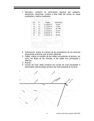 - 6 - derechos reservados copirights 2006 FERS
1. Derrotero: contiene la información general del polígono,
estaciones, distancias, rumbos y área total del mismo en varas
cuadradas y metros cuadrados.
RUMBOEST. P.I. DISTANCIA
2-3
3-4
4-5
5-6
6-1
1-2
4-5
3-4
2-3
1-2
5-6
6-1 N 70°02'00'' W
N 38°52'42'' E
N 31°05'06'' E
S 74°55'55'' E
S 11°22'00'' W
S 19°58'00' W
98.30m
19.06m
39.41m
39.41m
80.196m
39.40m
2. Colindancia: indicar el nombre de los propietarios de los terrenos
adyacentes al terreno que sé esta utilizando.
3. Calles: indicar el nombre de las calles circundantes al terreno, así
como los flujos de las mismas, si las calles son principales o
alternas.
4. Aceras.
5. Curvas de nivel: debe contener las curvas de nivel principales e
intermedias referenciadas al banco de nivel existente en la zona.
90,109.97
80,109.20
70,107.76
6
109.50
109.00
10,106.77
10,105.35
108.00
107.00
106.00
70,107.133
80,108.655
90,109.372
100,101.985
pi−6−108.985
 
