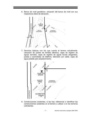 - 7 - derechos reservados copirights 2006 FERS
6. Banco de nivel geodésico: ubicación del banco de nivel con sus
respectivos datos de elevación.
EN ESTUDIO
TERRENOACERAEXISTENTE
ELEV. 103.00
EXISTENTE
CALLE
B.N.
2
40,104.868
40,104.403
104.00
40,103.121
50,106.413
50,106.268
105.00
S11°22'00''W
50,103.818
40,103.843
50,104.713
ENEE
POSTE
7. Servicios básicos con los que cuenta el terreno actualmente:
ubicación de postes de tendido eléctrico, cajas de registro de
aguas servidas, cajas de registro de aguas lluvias (tragantes),
postes o acometidas de teléfono, televisión por cable, cajas de
agua potable para abastecimiento.
CAJA A.N.
SANAA
ACERAEXISTENTE
TERRENO
EN ESTUDIO
SANAA
ACOMETIDA
1
0,100
10,101.128
10,100.483
10,100.905
101.00
−6,99.925
−2,99.725
100.00
POSTE
ENEE
8. Construcciones existentes, si las hay: referenciar e identificar las
construcciones existentes en el terreno a utilizar o en los terrenos
colindantes.
 