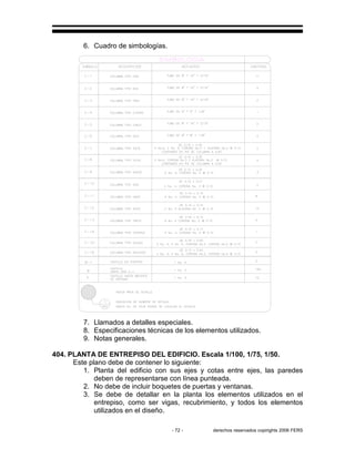 - 72 - derechos reservados copirights 2006 FERS
6. Cuadro de simbologías.
7. Llamados a detalles especiales.
8. Especificaciones técnicas de los elementos utilizados.
9. Notas generales.
404. PLANTA DE ENTREPISO DEL EDIFICIO. Escala 1/100, 1/75, 1/50.
Este plano debe de contener lo siguiente:
1. Planta del edificio con sus ejes y cotas entre ejes, las paredes
deben de representarse con línea punteada.
2. No debe de incluir boquetes de puertas y ventanas.
3. Se debe de detallar en la planta los elementos utilizados en el
entrepiso, como ser vigas, recubrimiento, y todos los elementos
utilizados en el diseño.
 
