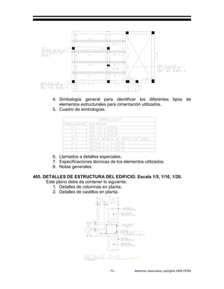 - 73 - derechos reservados copirights 2006 FERS
4. Simbología general para identificar los diferentes tipos de
elementos estructurales para cimentación utilizados.
5. Cuadro de simbologías.
6. Llamados a detalles especiales.
7. Especificaciones técnicas de los elementos utilizados.
8. Notas generales.
405. DETALLES DE ESTRUCTURA DEL EDIFICIO. Escala 1/5, 1/10, 1/20.
Este plano debe de contener lo siguiente:
1. Detalles de columnas en planta.
2. Detalles de castillos en planta.
 