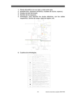 - 83 - derechos reservados copirights 2006 FERS
1. Planta del edificio con sus ejes y cotas entre ejes.
2. Muebles fijos. (aparatos sanitarios, muebles de cocina, roperos.)
3. Niveles de piso terminado.
4. Nombre de los espacios.
5. Simbología, para describir los ductos eléctricos, con los cables
respectivos, centros de carga, cajas de registro, etc.
6. Cuadros de simbologías.
 
