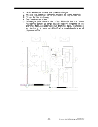 - 86 - derechos reservados copirights 2006 FERS
1. Planta del edificio con sus ejes y cotas entre ejes.
2. Muebles fijos. (aparatos sanitarios, muebles de cocina, roperos)
3. Niveles de piso terminado.
4. Nombre de los espacios.
5. Simbología, para describir los ductos eléctricos, con los cables
respectivos, centros de carga, cajas de registro, lámparas en sus
diferentes tipos, apagadores en sus diferentes tipos, enumeración
los circuitos en la planta para identificarlos y poderlos ubicar en el
diagrama unifilar.
 