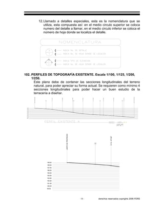 - 9 - derechos reservados copirights 2006 FERS
12.Llamado a detalles especiales, esta es la nomenclatura que se
utiliza, esta compuesta así: en el medio circulo superior se coloca
numero del detalle a llamar, en el medio circulo inferior se coloca el
número de hoja donde se localiza el detalle.
102. PERFILES DE TOPOGRAFÍA EXISTENTE. Escala 1/100, 1/125, 1/200,
1/250.
Este plano debe de contener las secciones longitudinales del terreno
natural, para poder apreciar su forma actual. Se requieren como mínimo 4
secciones longitudinales para poder hacer un buen estudio de la
terracería a diseñar.
0+10,107.827
0+10,105.588
0+10,103.984
0+10,103.253
0+10,102.678
0+10,102.333
0+10,103.253
0+10,101.241
109.00
108.00
107.00
106.00
105.00
104.00
103.00
102.00
101.00
100.00
99.00
LIMITEDEPROPIEDAD
LIMITEDEPROPIEDAD
H G F E
0+10,107.827
109.00
108.00
107.00
106.00
105.00
104.00
103.00
102.00
101.00
100.00
99.00
LIMITEDEPROPIEDAD
H
 