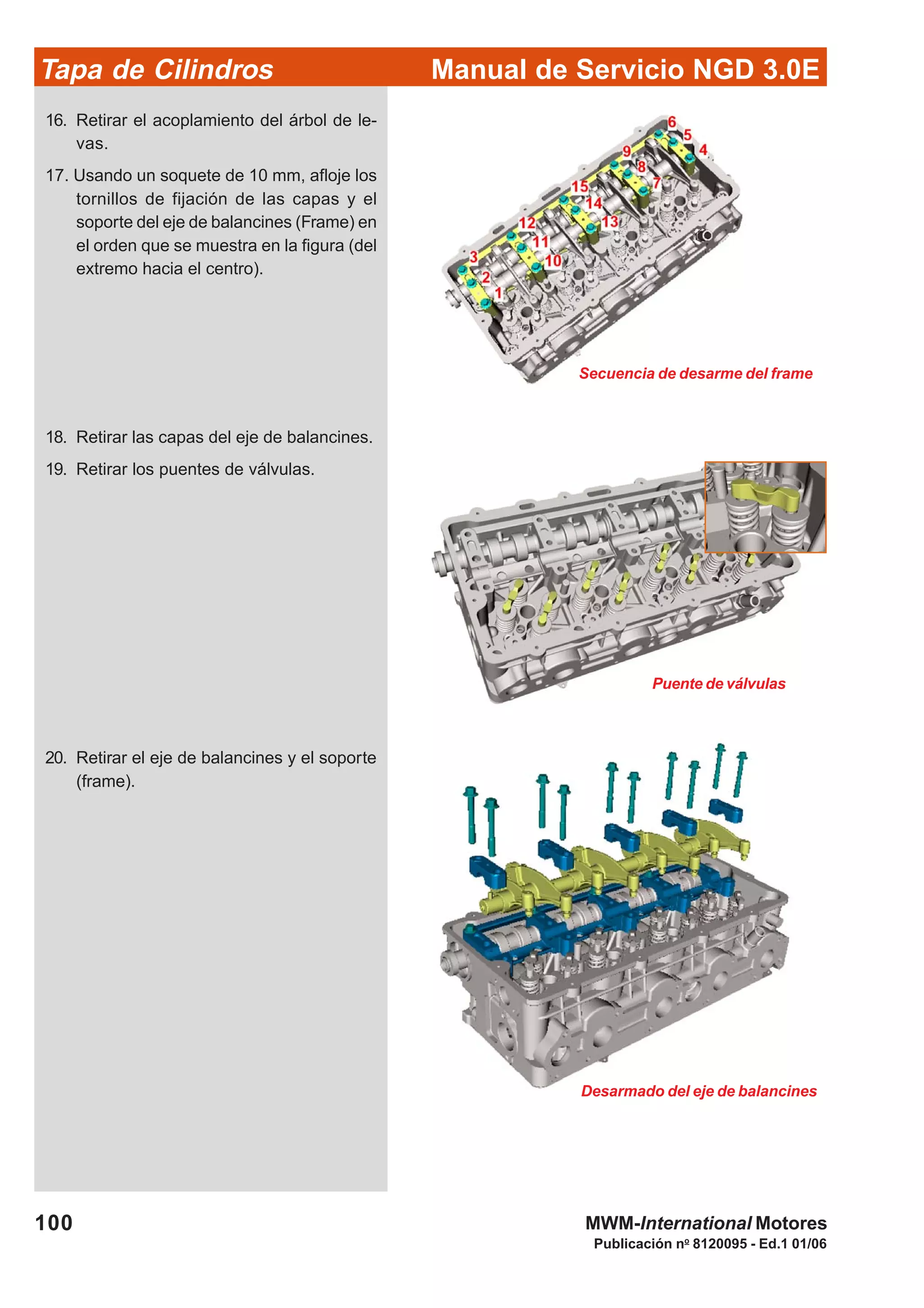 Manual de Servicio NGD 3.0ETapa de Cilindros
100
Publicación no
8120095 - Ed.1 01/06
MWM-International Motores
16. Retirar el acoplamiento del árbol de le-
vas.
17. Usando un soquete de 10 mm, afloje los
tornillos de fijación de las capas y el
soporte del eje de balancines (Frame) en
el orden que se muestra en la figura (del
extremo hacia el centro).
18. Retirar las capas del eje de balancines.
19. Retirar los puentes de válvulas.
Secuencia de desarme del frame
Puente de válvulas
20. Retirar el eje de balancines y el soporte
(frame).
Desarmado del eje de balancines
 