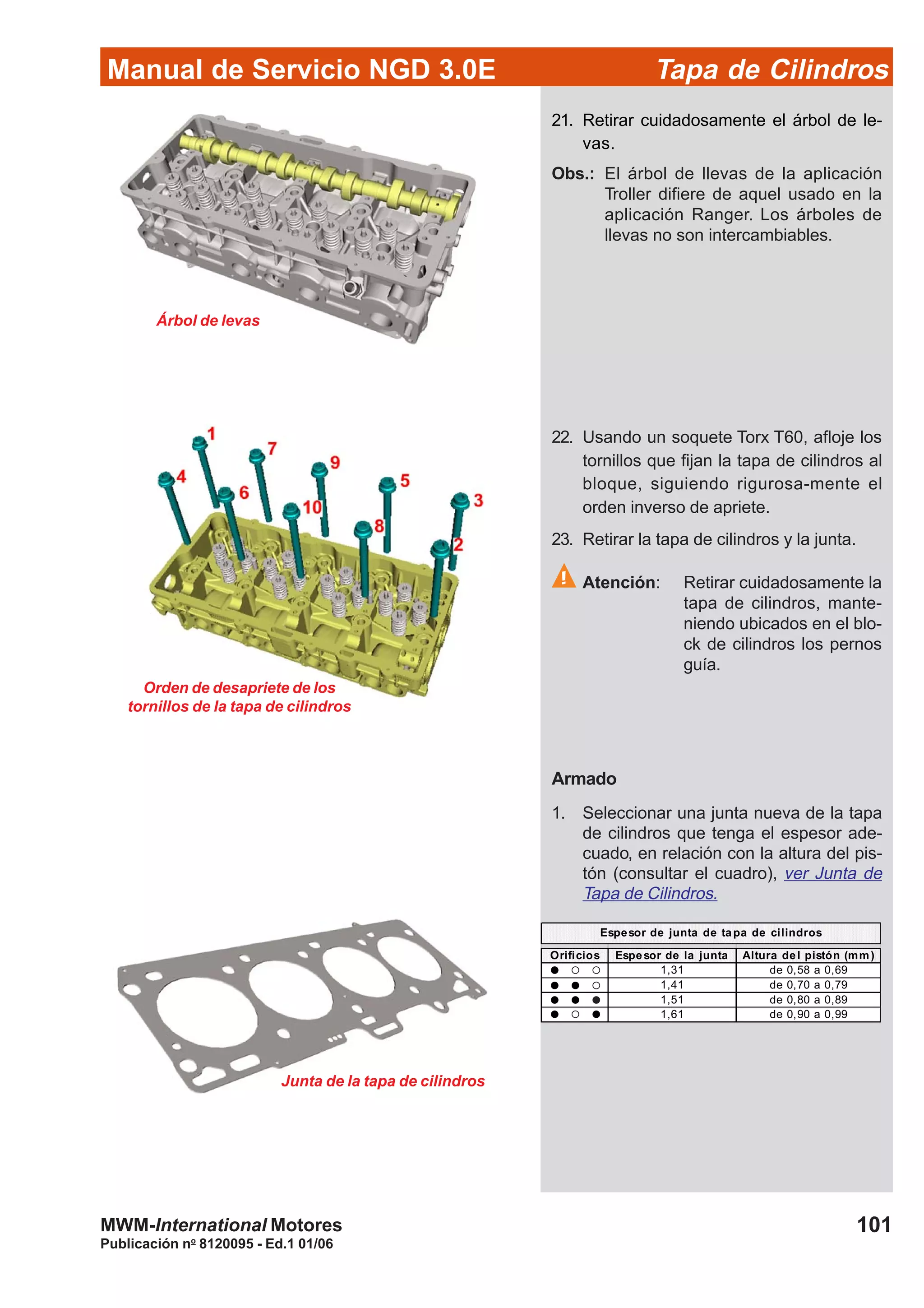 Manual de Servicio NGD 3.0E Tapa de Cilindros
101
Publicación no
8120095 - Ed.1 01/06
MWM-International Motores
21. Retirar cuidadosamente el árbol de le-
vas.
Obs.: El árbol de llevas de la aplicación
Troller difiere de aquel usado en la
aplicación Ranger. Los árboles de
llevas no son intercambiables.
Árbol de levas
Orden de desapriete de los
tornillos de la tapa de cilindros
22. Usando un soquete Torx T60, afloje los
tornillos que fijan la tapa de cilindros al
bloque, siguiendo rigurosa-mente el
orden inverso de apriete.
23. Retirar la tapa de cilindros y la junta.
Atención: Retirar cuidadosamente la
tapa de cilindros, mante-
niendo ubicados en el blo-
ck de cilindros los pernos
guía.
Armado
1. Seleccionar una junta nueva de la tapa
de cilindros que tenga el espesor ade-
cuado, en relación con la altura del pis-
tón (consultar el cuadro), ver Junta de
Tapa de Cilindros.
Orificios Espesor de la junta Altura del pistón (mm)
1,31 de 0,58 a 0,69
1,41 de 0,70 a 0,79
1,51 de 0,80 a 0,89
1,61 de 0,90 a 0,99
Espesor de junta de tapa de cilindros
Junta de la tapa de cilindros
 