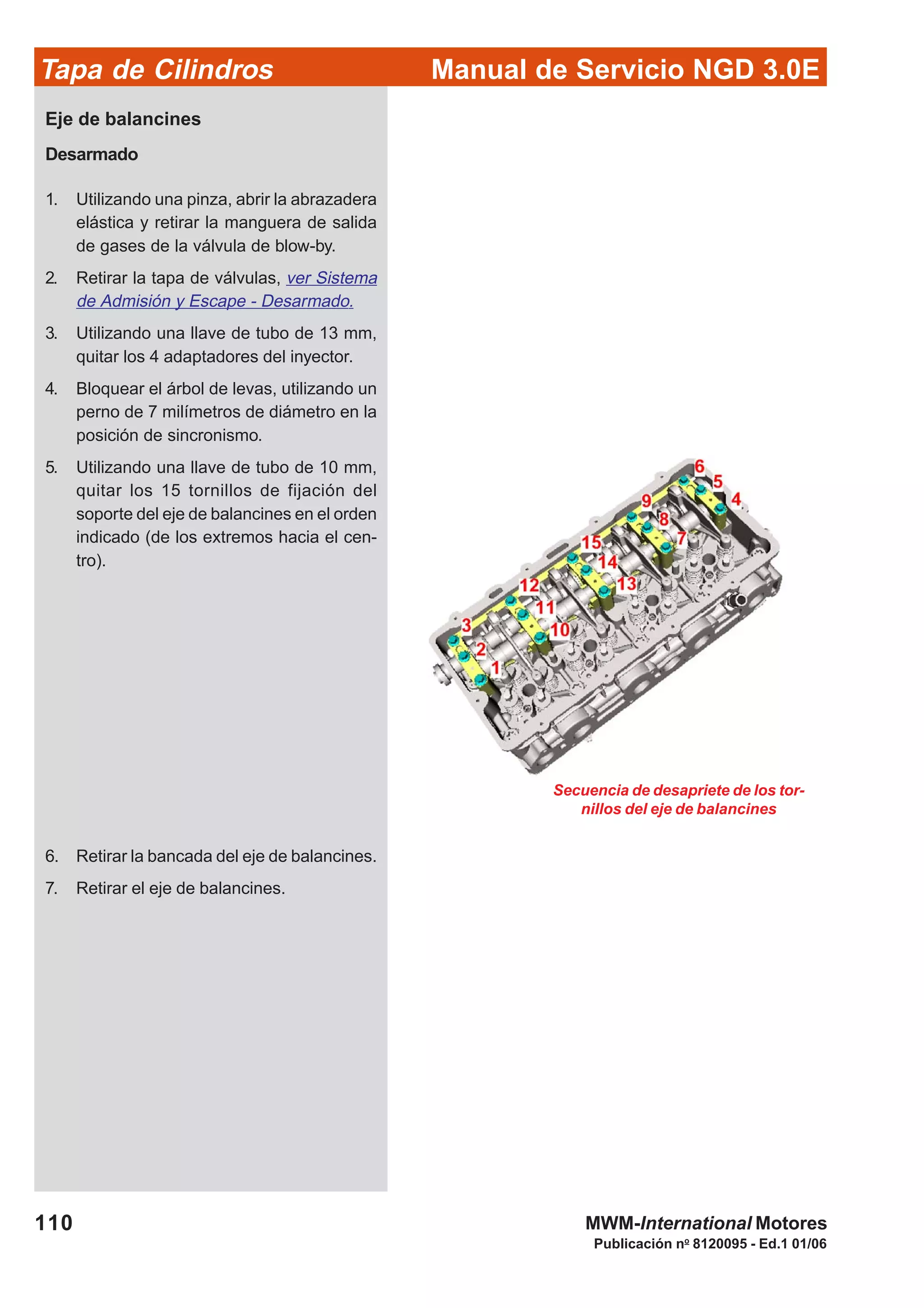 Manual de Servicio NGD 3.0ETapa de Cilindros
110
Publicación no
8120095 - Ed.1 01/06
MWM-International Motores
Secuencia de desapriete de los tor-
nillos del eje de balancines
Eje de balancines
Desarmado
1. Utilizando una pinza, abrir la abrazadera
elástica y retirar la manguera de salida
de gases de la válvula de blow-by.
2. Retirar la tapa de válvulas, ver Sistema
de Admisión y Escape - Desarmado.
3. Utilizando una llave de tubo de 13 mm,
quitar los 4 adaptadores del inyector.
4. Bloquear el árbol de levas, utilizando un
perno de 7 milímetros de diámetro en la
posición de sincronismo.
5. Utilizando una llave de tubo de 10 mm,
quitar los 15 tornillos de fijación del
soporte del eje de balancines en el orden
indicado (de los extremos hacia el cen-
tro).
6. Retirar la bancada del eje de balancines.
7. Retirar el eje de balancines.
 