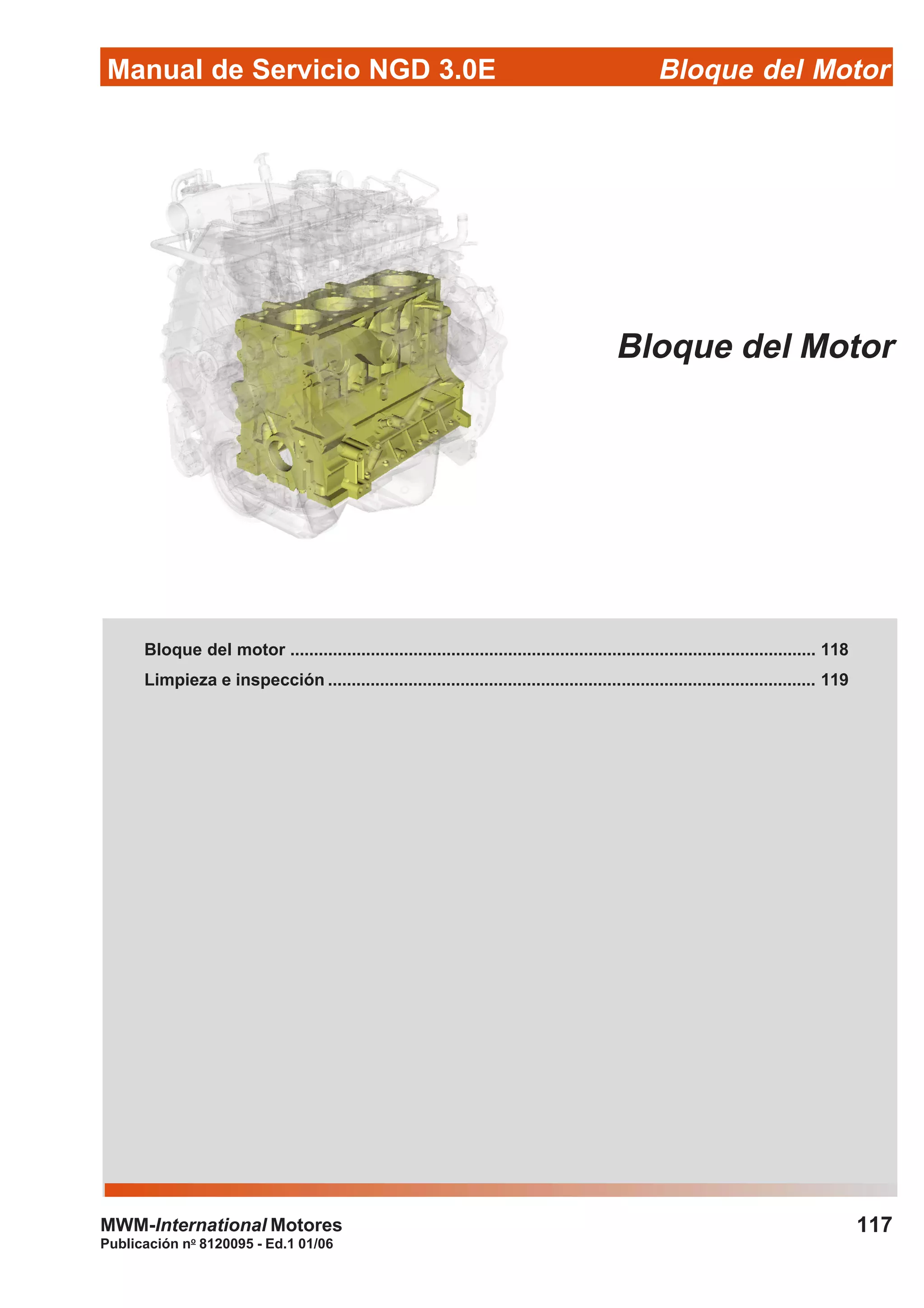 Manual de Servicio NGD 3.0E Bloque del Motor
117
Publicación no
8120095 - Ed.1 01/06
MWM-International Motores
Bloque del Motor
Bloque del motor ............................................................................................................... 118
Limpieza e inspección ....................................................................................................... 119
 