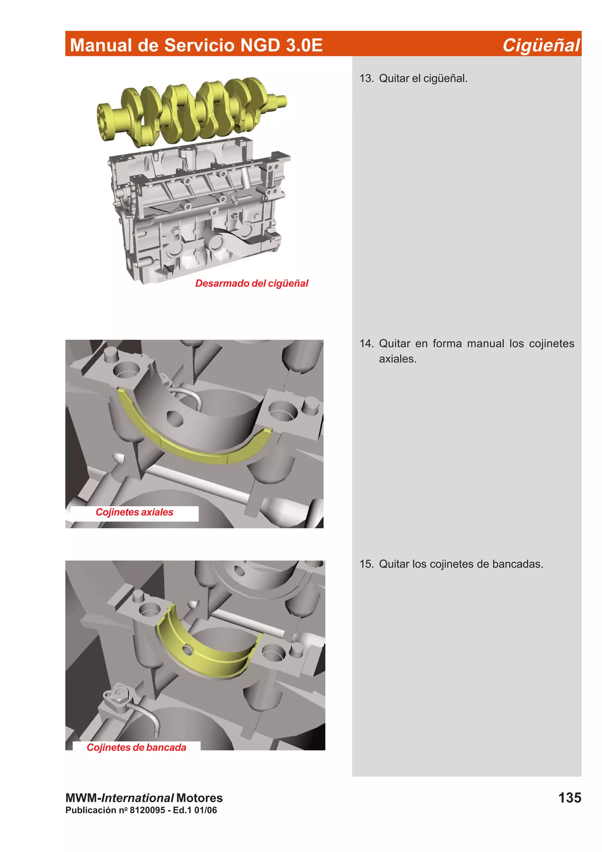 Manual de Servicio NGD 3.0E Cigüeñal
135
Publicación no
8120095 - Ed.1 01/06
MWM-International Motores
Desarmado del cigüeñal
Cojinetes axiales
Cojinetes de bancada
13. Quitar el cigüeñal.
14. Quitar en forma manual los cojinetes
axiales.
15. Quitar los cojinetes de bancadas.
 